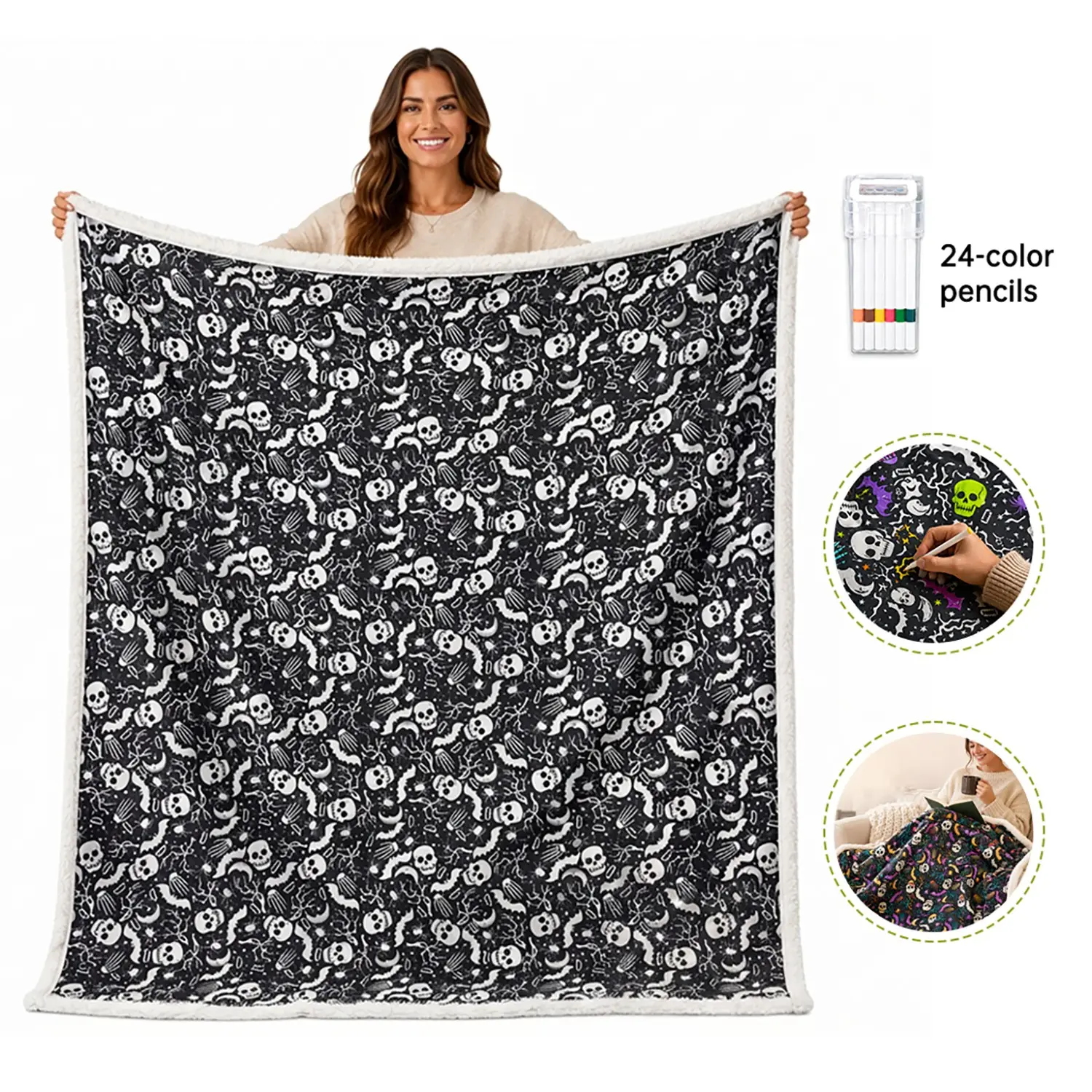 DIY Halloween Coloring Throw Blanket, 24 Color Acrylic Pens, Skull Bat Pattern, Washable, Soft Fleece Back, Sofa Bed Travel Halloween Decor Gift