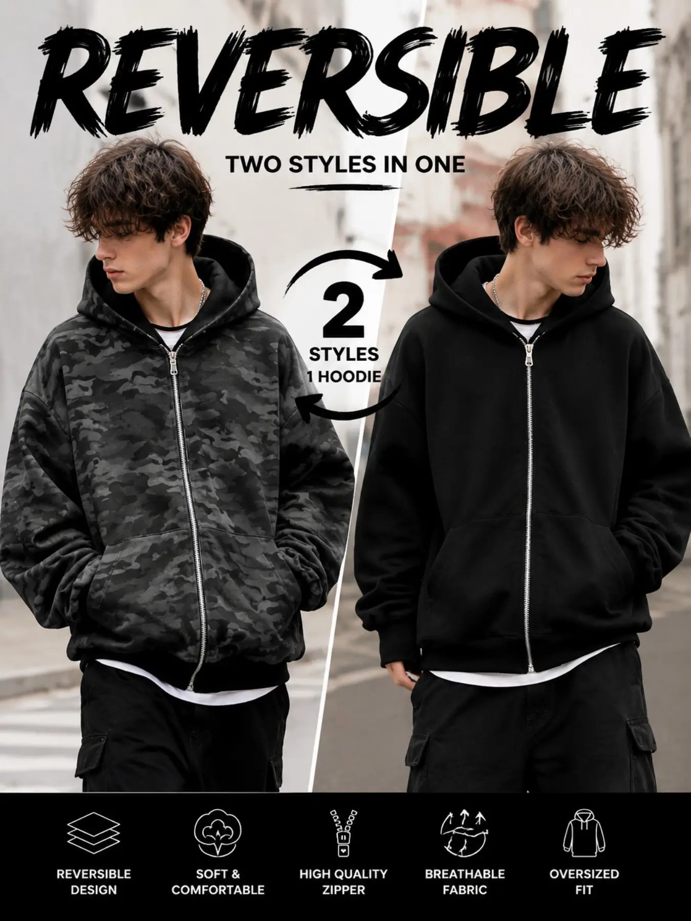 Men's Reversible Camo Hoodie Zip Up Oversized Streetwear Jacket 2 Styles Casual Pullover Sweatshirt