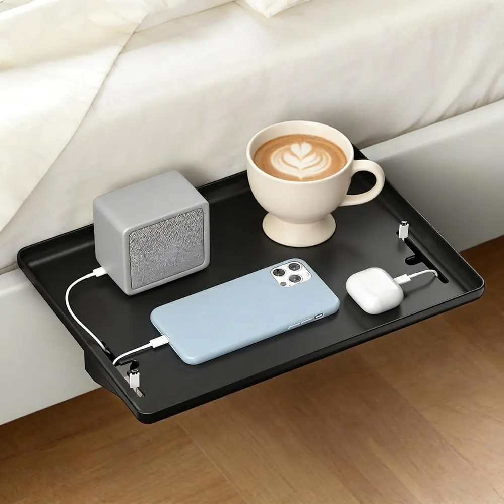 Bedside Shelf for Dorm Room Bunk Bed & Top Bunk, College Dorm Room Essentials, Bedside Caddy, Clip on Floating Desk Tray, Bed Side Table Storage, Loft Nightstand Decor - Cable Catch, Black.