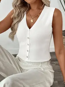 Knit Cardigan Vest, Casual Slim-Fitting Solid Color Top, All-Season Wearable, Plain Surface Design, Lightweight & Comfortable