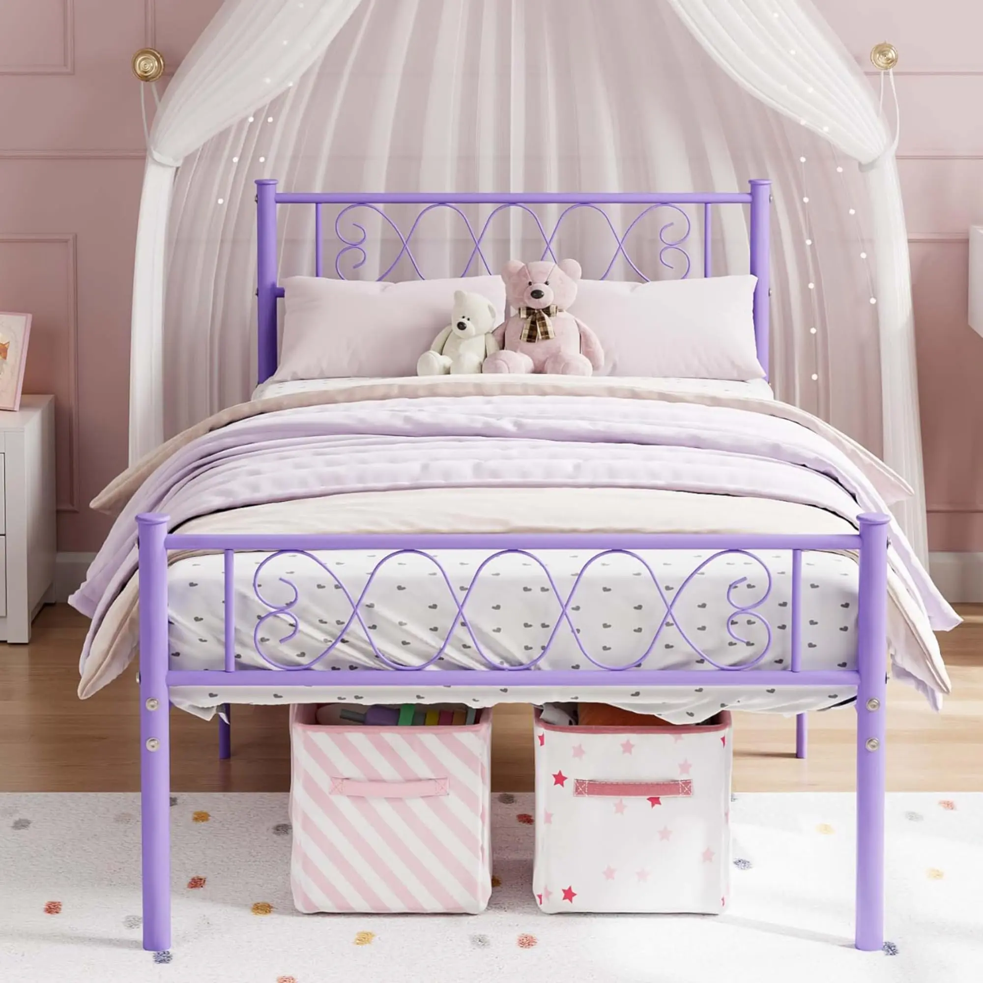 GARVEE 14in Twin Size Platform Bed Frame in Purple with Headboard and Footboard, Heavy Duty Steel Slats Support, Under-bed Storage, Suitable for Mattress Foundation
