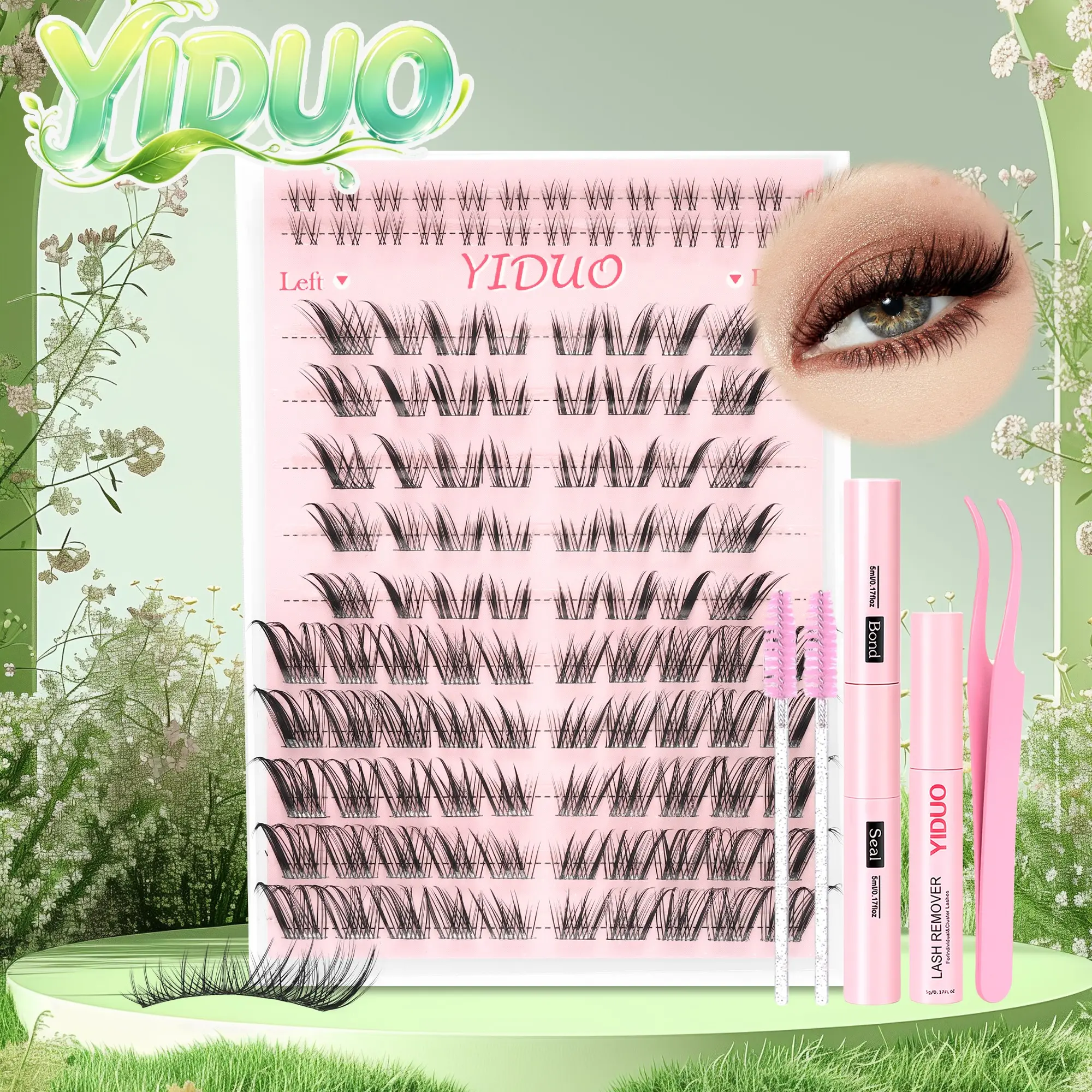 YIDUO Lash Kit Eyelash Cluster Pointed Wispy Volume, C-Curl 8–16mm with Cotton Band. Includes Bond, Seal, Remover & Tweezers – Low-Effort, High-Reward Foxy Eyes in 5 Mins!