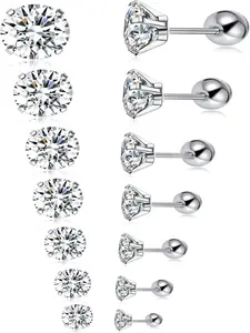 7 Pairs 20G Stainless Steel Stud Earrings Round Cubic Zirconia Barbell Earring Set For Men Women 2MM-8MM Silver Tone