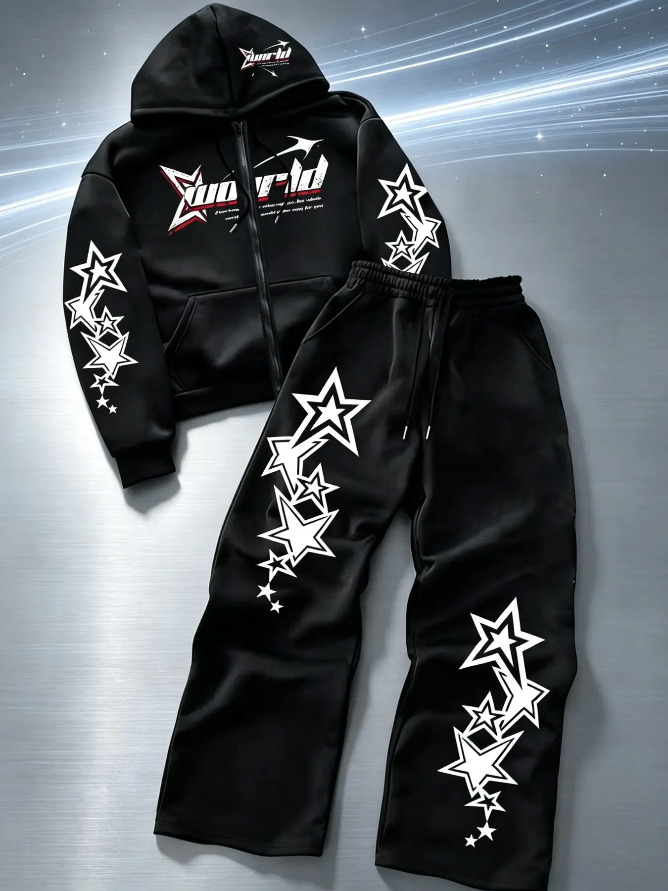 Men's Two-Piece Set Y2K Star Print Hooded Zipper Sweatshirt + Wide Leg Sport Pants, Casual Streetwear Athletic