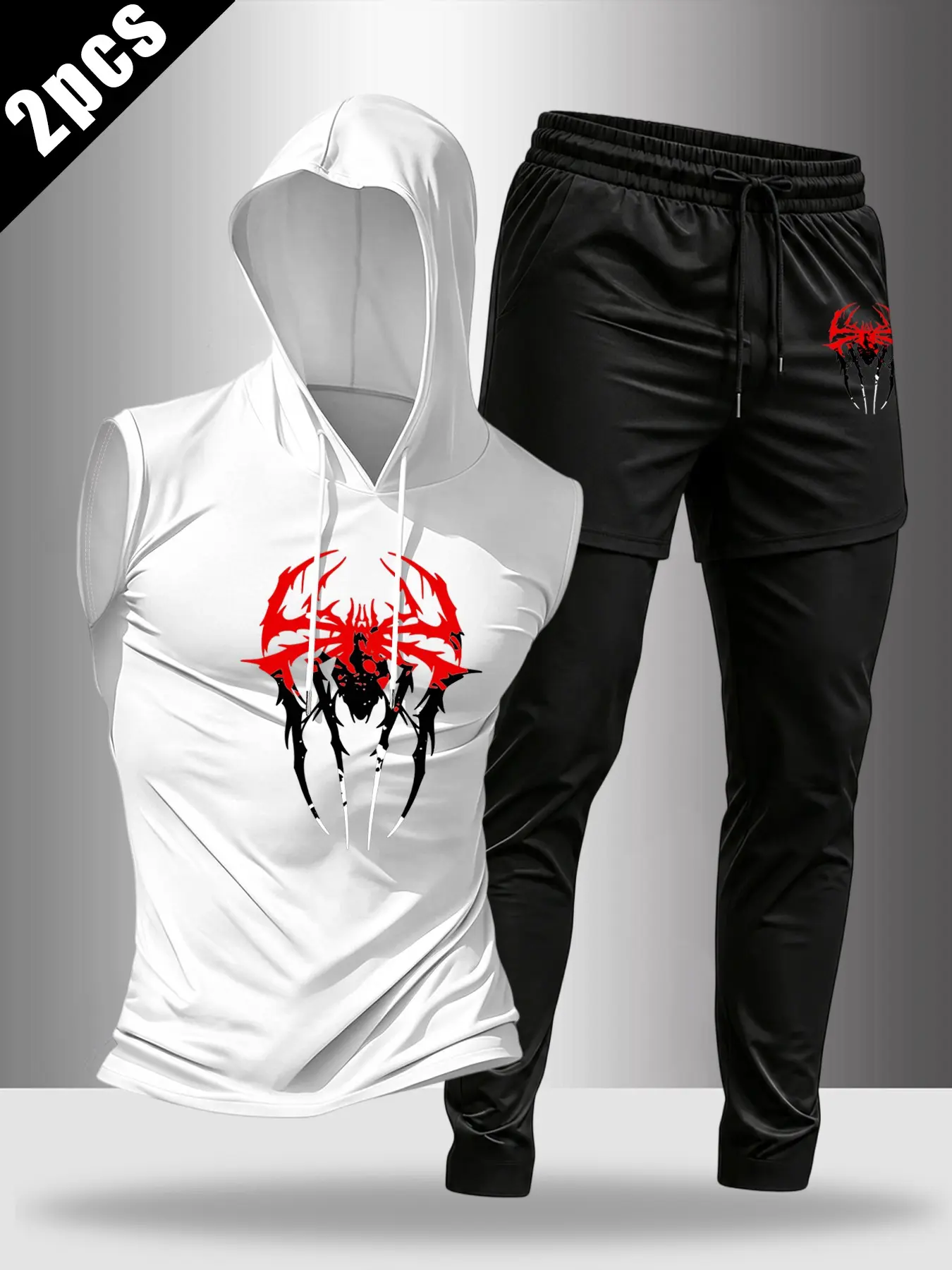Men's Summer Sportswear Set, Sleeveless Hooded Top + Jogger Pants, Spider Print, Casual Fitness Streetwear, Sleeveless Tracksuit Set, 2-Piece