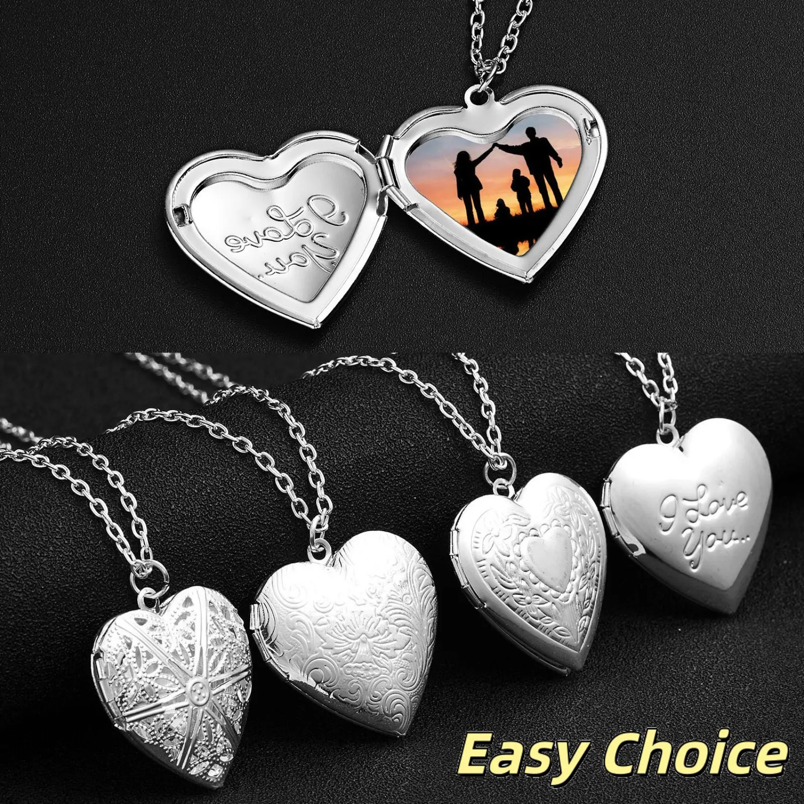 Women's Silver Plated Locket Necklace, Carved Heart Openable Photo Picture Pendant, Hollow Heart Keepsake Clavicle Chain, Personalized Memory Jewelry Gift