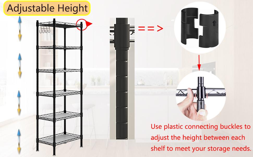Shelf 6 Wier Metal Shelves Storage Rack Shelving Unit Organizer for Kitchen Laundry Garage Bathroom Pantry Closet OfficeAdjustable Hanging Hangable Black