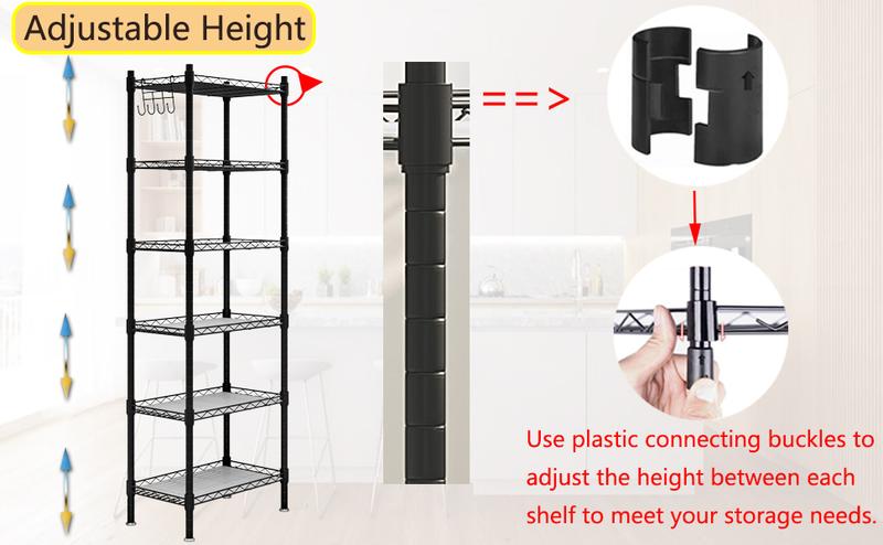 Shelf 6 Wier Metal Shelves Storage Rack Shelving Unit Organizer for Kitchen Laundry Garage Bathroom Pantry Closet OfficeAdjustable Hanging Hangable Black
