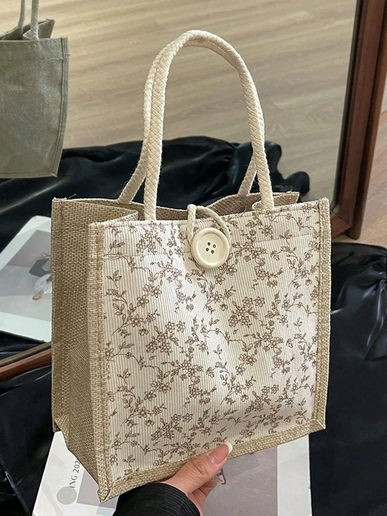 Printed Linen Handbag, Bridesmaid Bag, Makeup Bag, Large Capacity Travel Makeup Bag, Multifunctional Portable Teacher Bag, Women's Gift, Teacher's Day Gift, Casual Storage Bag
