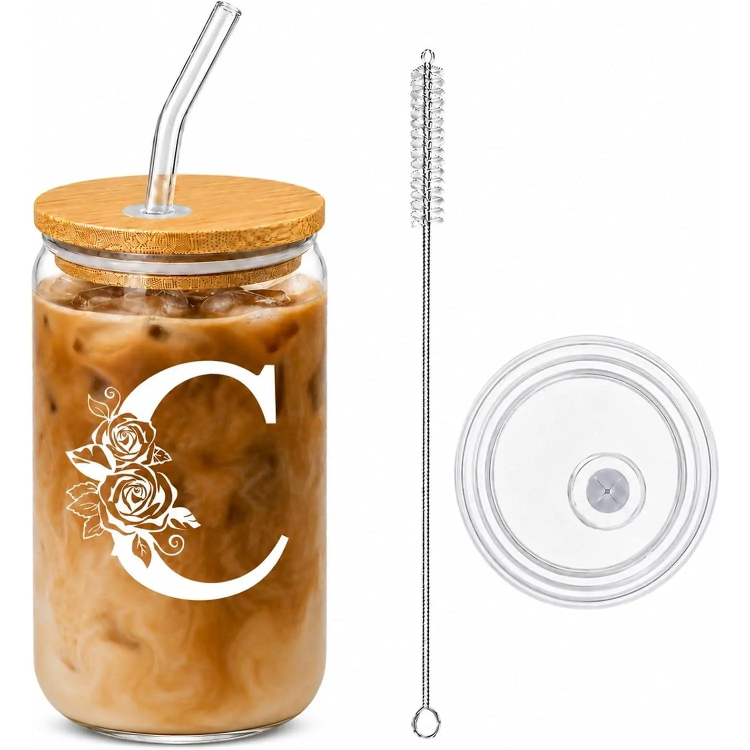 Personalized Cups, Custom Initial Tumbler, Cute Glass Tumbler, 16 oz Iced Coffee Cup, Personalized Gifts for Women, Letter C Cup with  Lid and Glass Straw, Coffee Lover Gifts, Coworker
