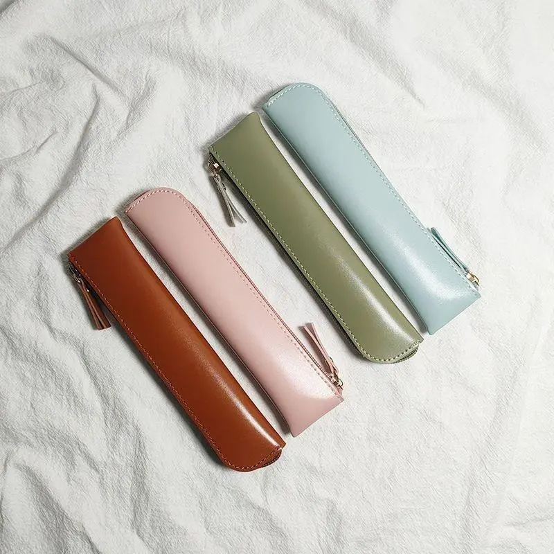 2PCS Compact Soft Faux Leather Minimal Small-Capacity Pencil Cases, Portable Fountain Pen Protector Sleeves with Elastic Slots, Side Clips for Students, Unisex Plain