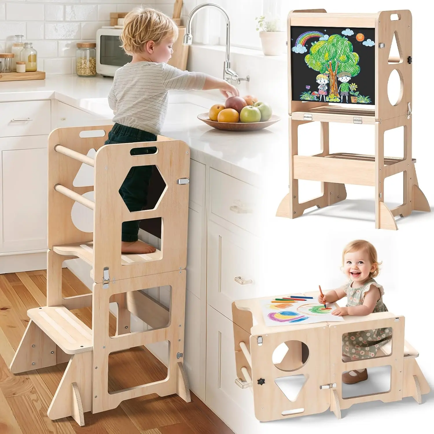 4-in-1 Toddler Kitchen Step Stool, Foldable Learning Standing Tower with Blackboard, Wooden Kitchen Stool Helper for Kids, 1-3 Year Old Boy Girl Gifts