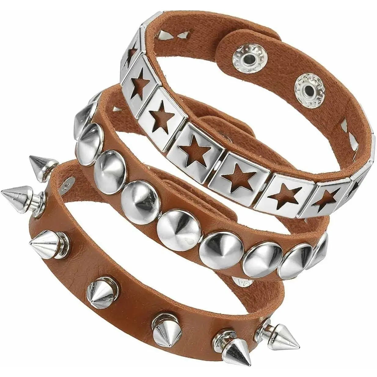 Punk Rock Studded Faux Leather Bracelet Set, Goth Spiked Cuff Wristband Adjustable Fashion Bracelets for Halloween Party Favors Emo Grunge Accessories