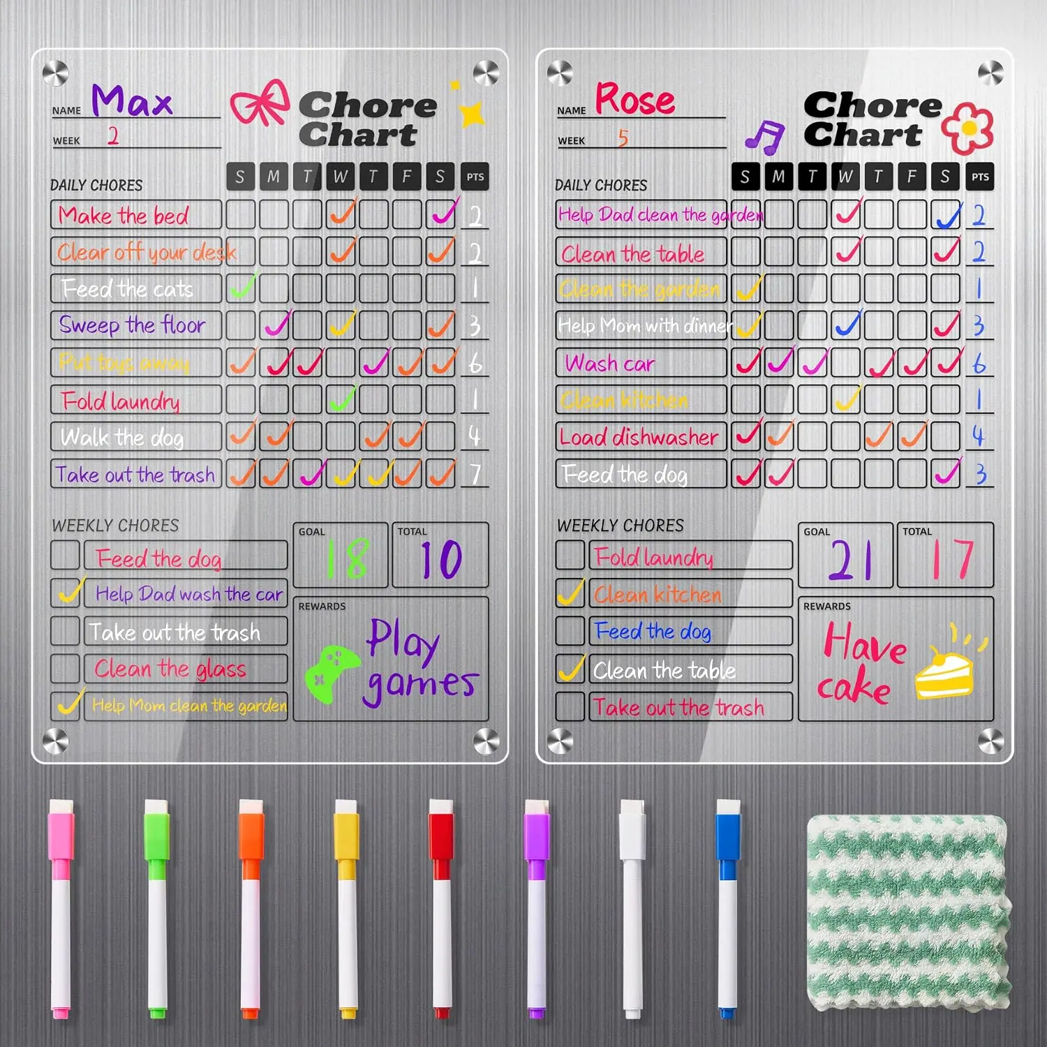 2 count Black   Chore Chart, Chore Board, Dry Erase Chore Chart, 12"x8" Transparent Erasable  Chart for Teens and Adults Chore Checklist with 8 Markers and Towel