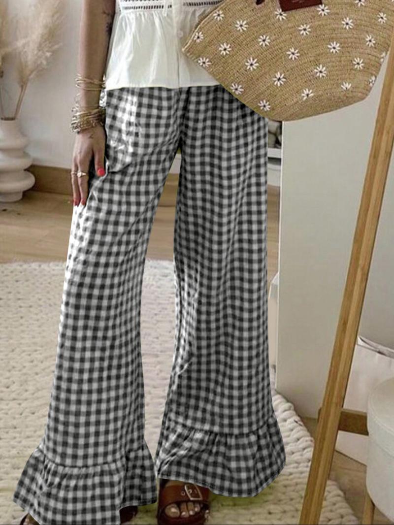 Women's Plaid Print Flare Leg Pants, Casual Loose Comfy Bell Bottom Trousers for Daily Wear, Ladies Bottoms for All Seasons, Boho Casual Trousers, Bohemian Trousers