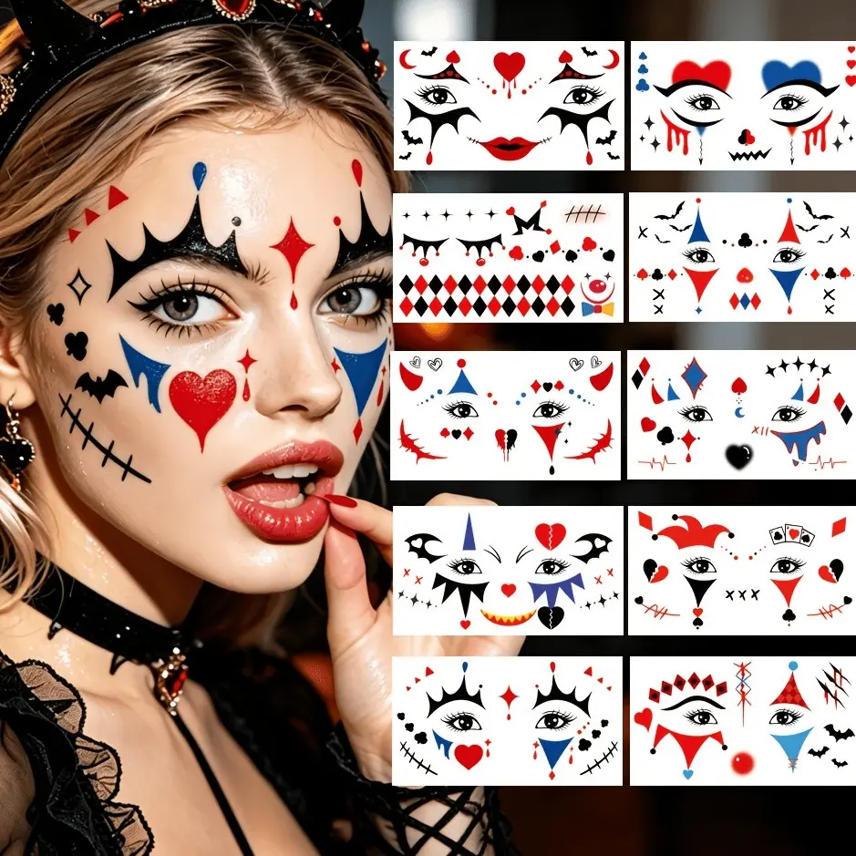 Halloween Party Face Tattoos, Joker Poker Bat Spider Web Scar Designs, Temporary Body Art Stickers, Festival Halloween Decorations