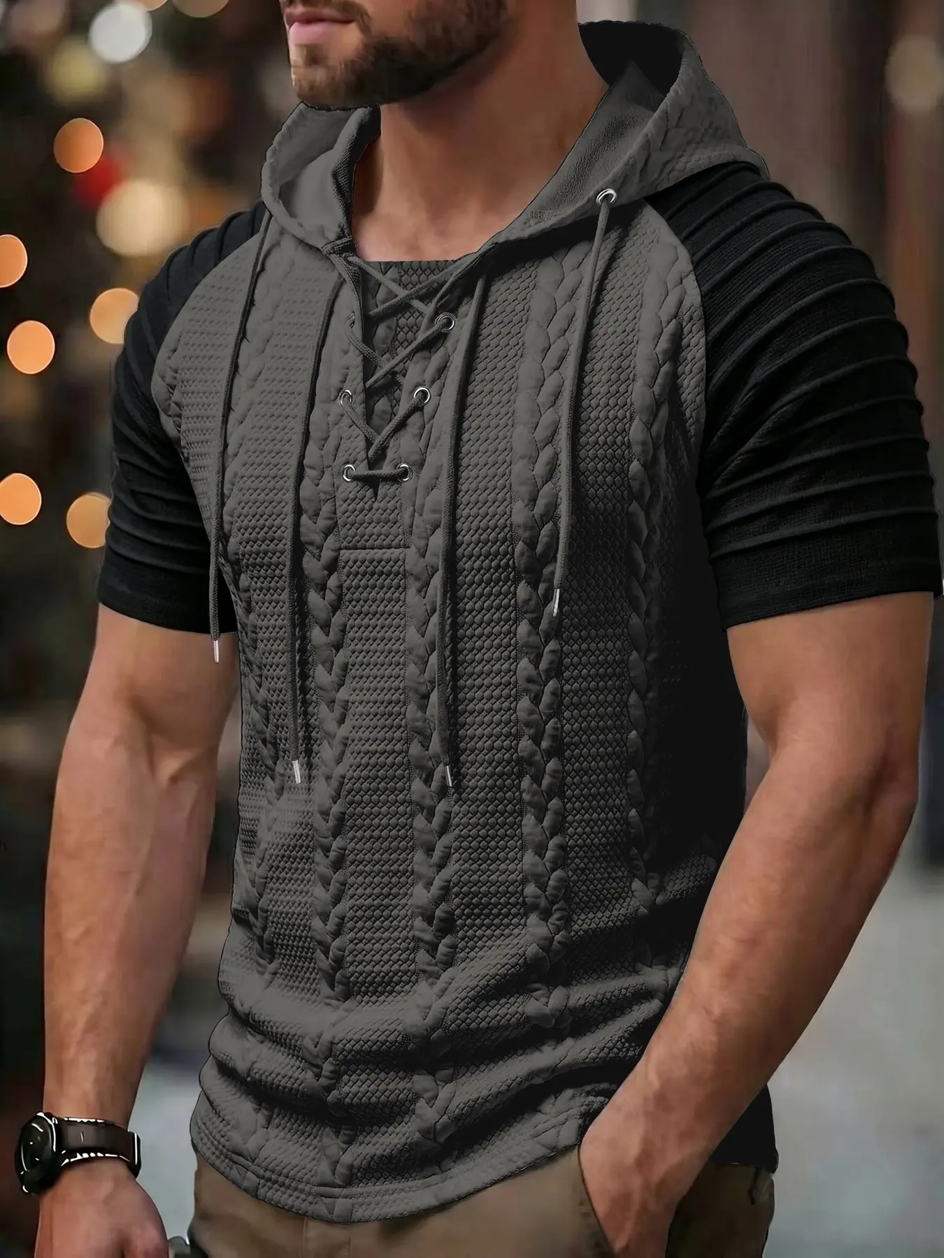 Men's Textured Braided Hooded Short Sleeve T-Shirt, 3D Embroidered Tie Design, Slim Fit, Luxury Minimalist Style, Business Casual Summer Top