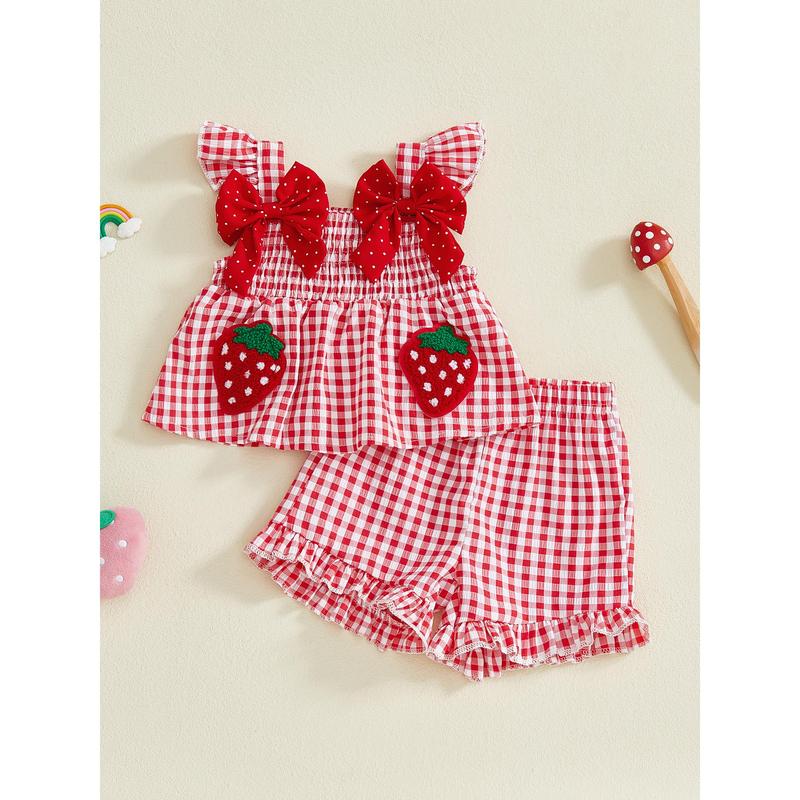 Toddler Baby Girl Summer Outfit Strawberry Embroidered Plaid Bows Ruffled Trim Tank Tops and Shorts 2 Pcs Set 6M-3Y