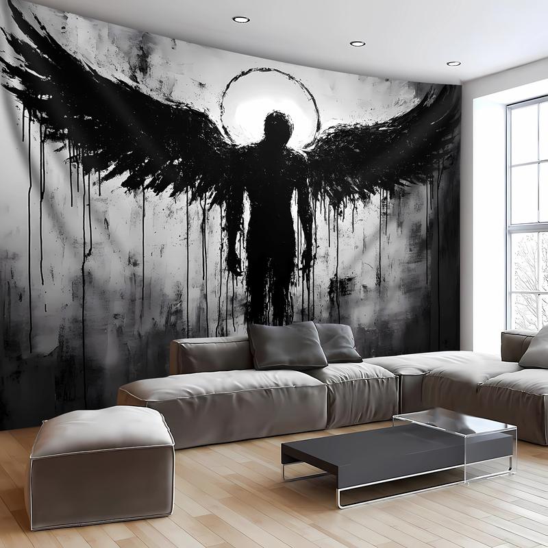 1pc Ultra Large Black Angel Landscape Tapestry - Premium Polyester HD Digital Print Wall Hanging with Hand-Stitched Edges, Wrinkle-Resistant Fabric & Free Hanging Clips for Living Room, Bedroom, Home Office Decor, Bedroom Accent, Artistic Interior, Soft T