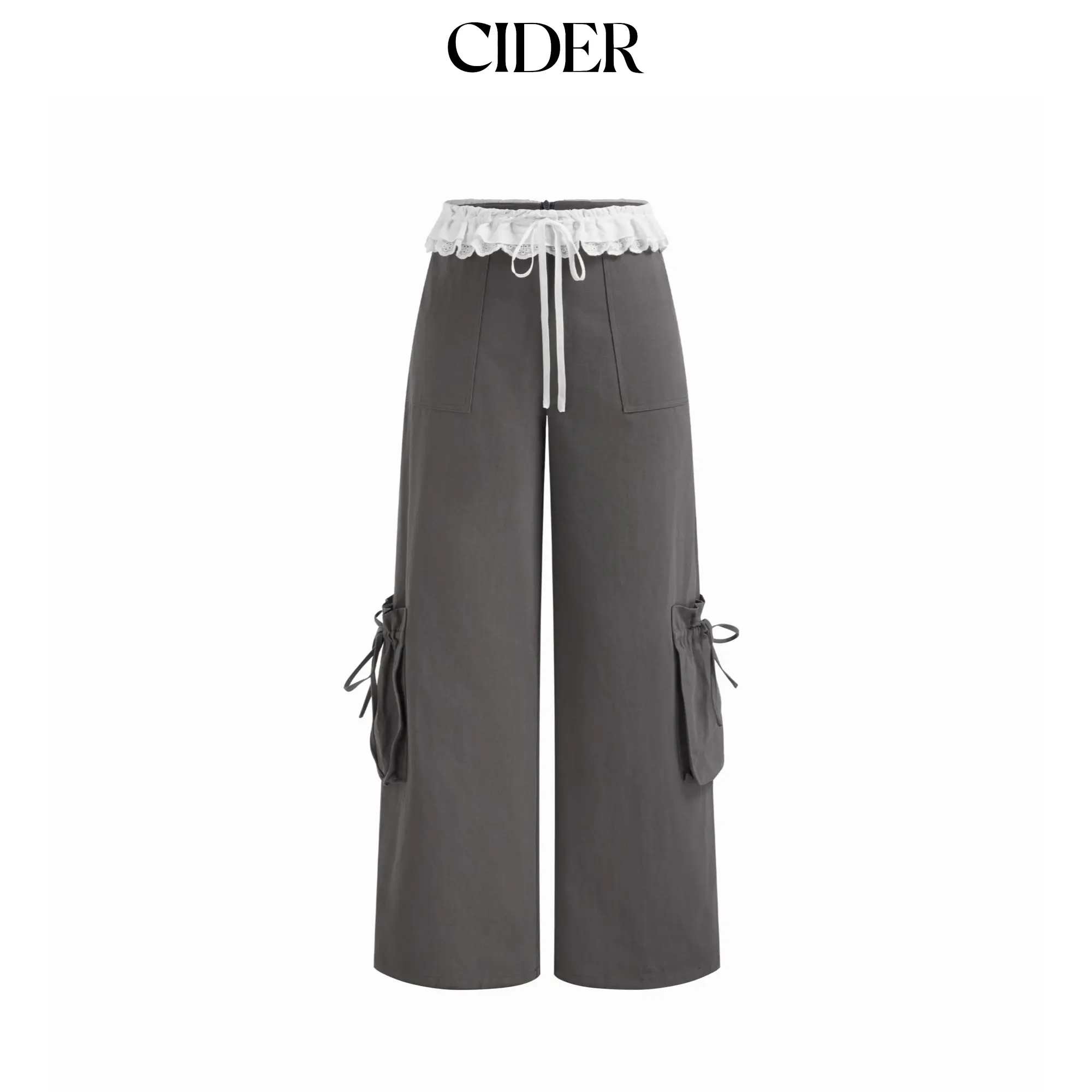 Cider Mid Rise Contrasting Lace Ruffle Trim Cargo Straight Leg Trousers