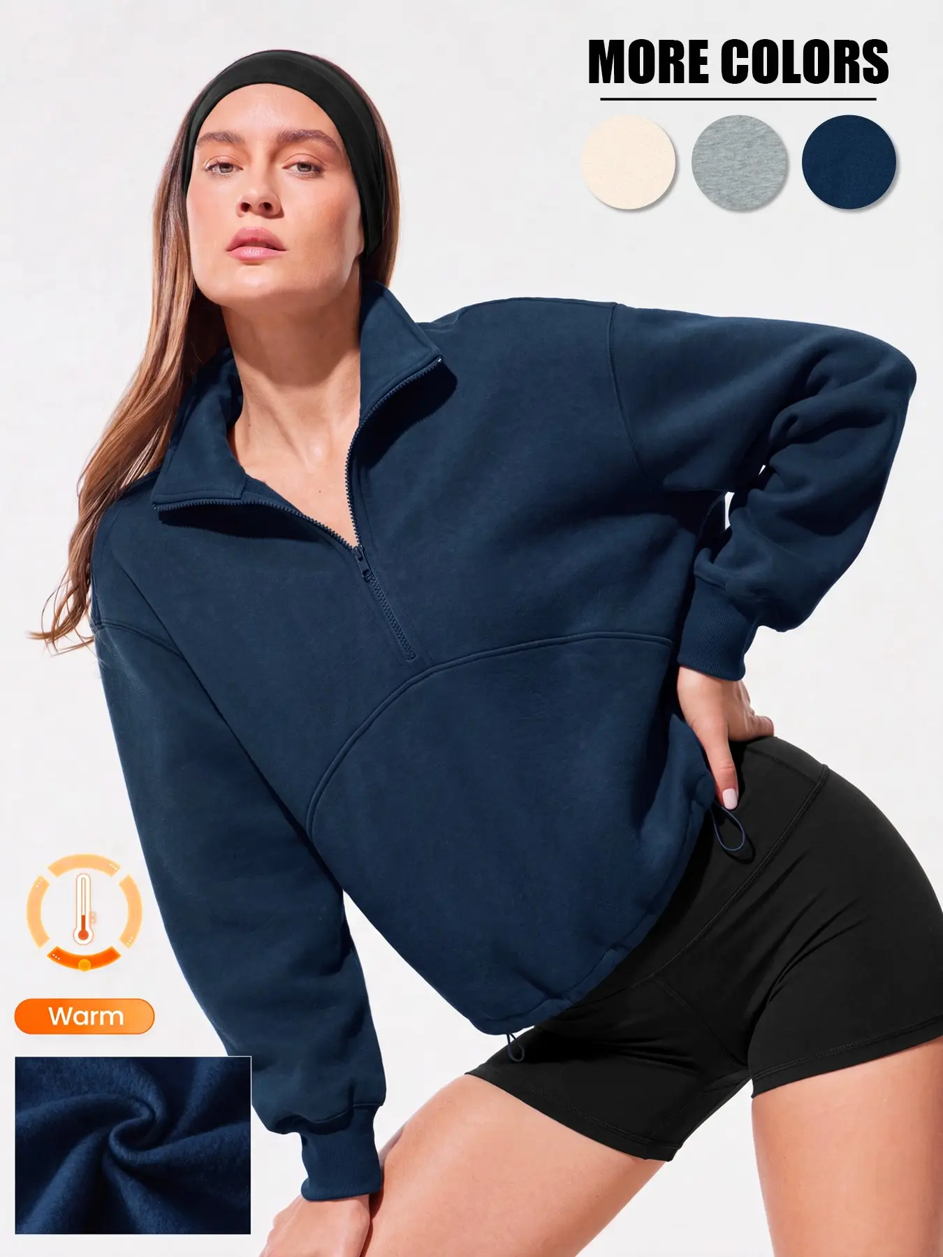 Women's Lapel Drop Shoulder Zipper Half Open Collar Short Fleece Sweater Autumn Winter Solid Color Casual Short Pullover with Adjustable Drawstring Both Fashionable and Warm
