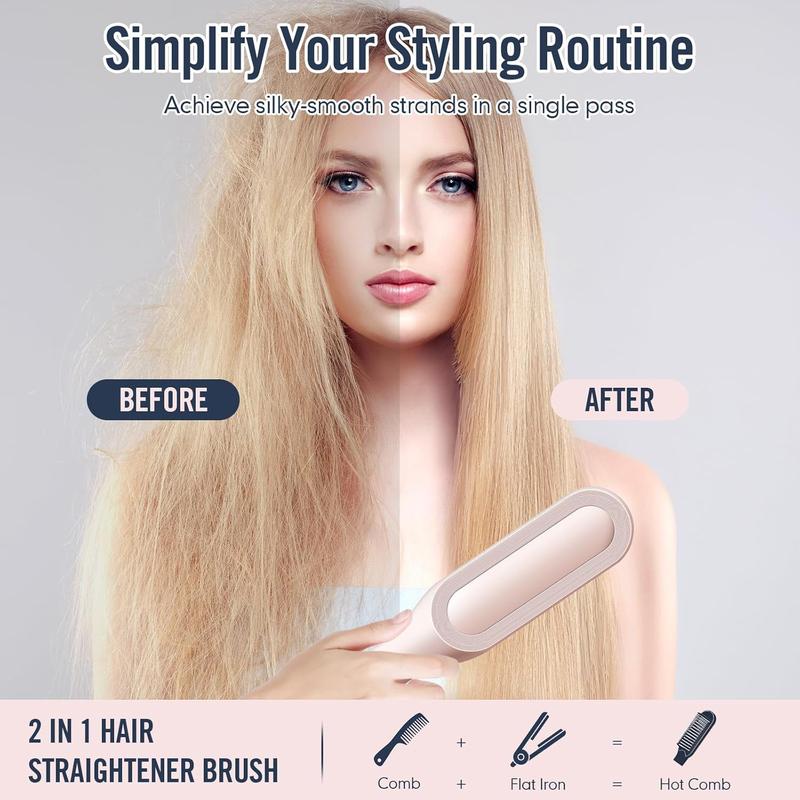 Hair Straightener Brush, Negative Lon Straightening Comb for Women, 10s Fast Heating, Smooth Hair in Seconds, 2-in-1 Brush