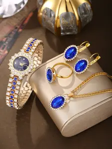 5pcs Elegant Fashion Luxury Blue Sapphire Watch & Jewelry Set, High-End Blue Gemstone Gift Set, Perfect for All Occasions