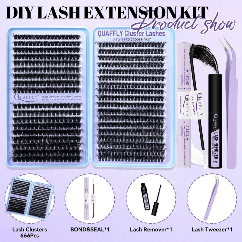 D-Curl Eyelash Extension Set, 666pcs 60+80+100 Cluster Eyelash Extension Set, 10-18 mm Individual Cluster Eyelash Extension Set with Eyelash Bond and Seal, Eyelash Remover, Tweezers, Eyelash Tools, Curl Lashes, Lash Cluster Kit, Makeup
