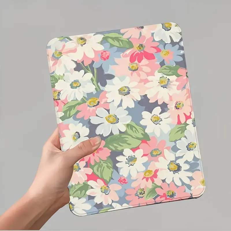 Daisy pattern iPad protective case, foldable stand, built-in pen slot, auto sleep mode, high-end PU leather, suitable for all iPad/Air/Pro/mini series, compatible with 7.9/8.3/9.7/10.2/10.5/10.9/11, 12.9/ 13inch , multifunctional iPad protective case