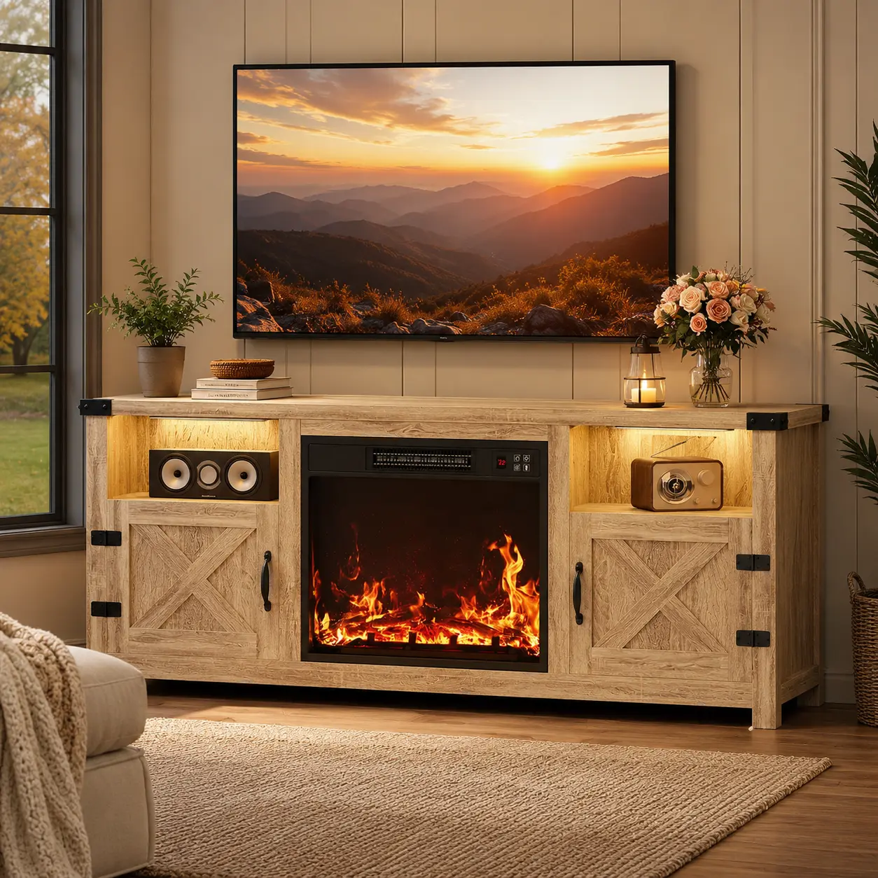 Farmhouse-style media console with a fireplace, barn doors and open display shelves, equipped with LED light strips and concealed cable management channels, an entertainment storage cabinet compatible with 65-inch and larger TVs