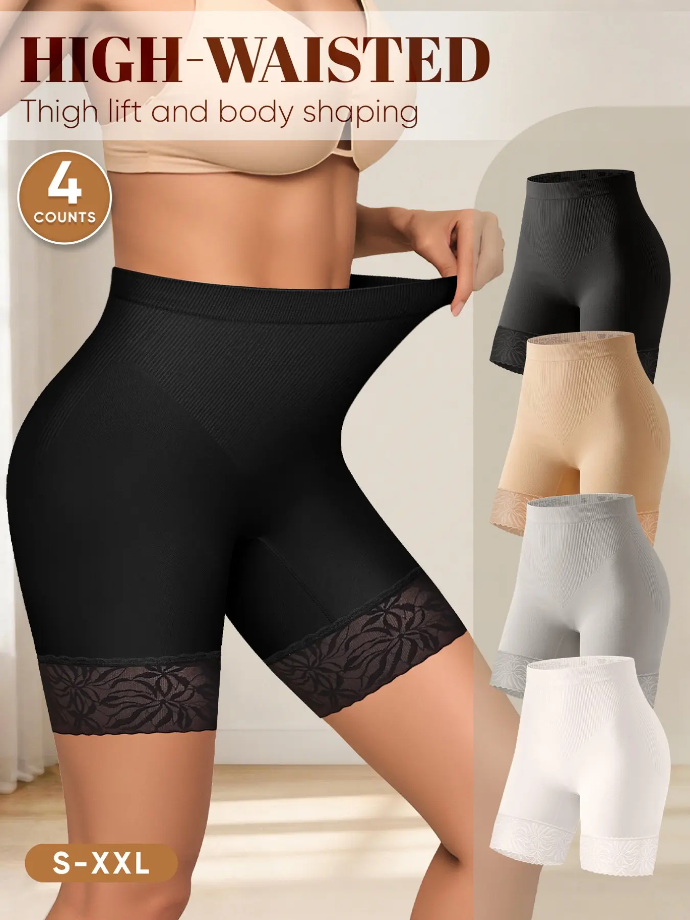 4-Pack Lace Trim Anti-Slip Boyshorts, S-Xxl, Seamless Non-Rolled Edge, Breathable Underwear, All Seasons, Sporty Style, Casual