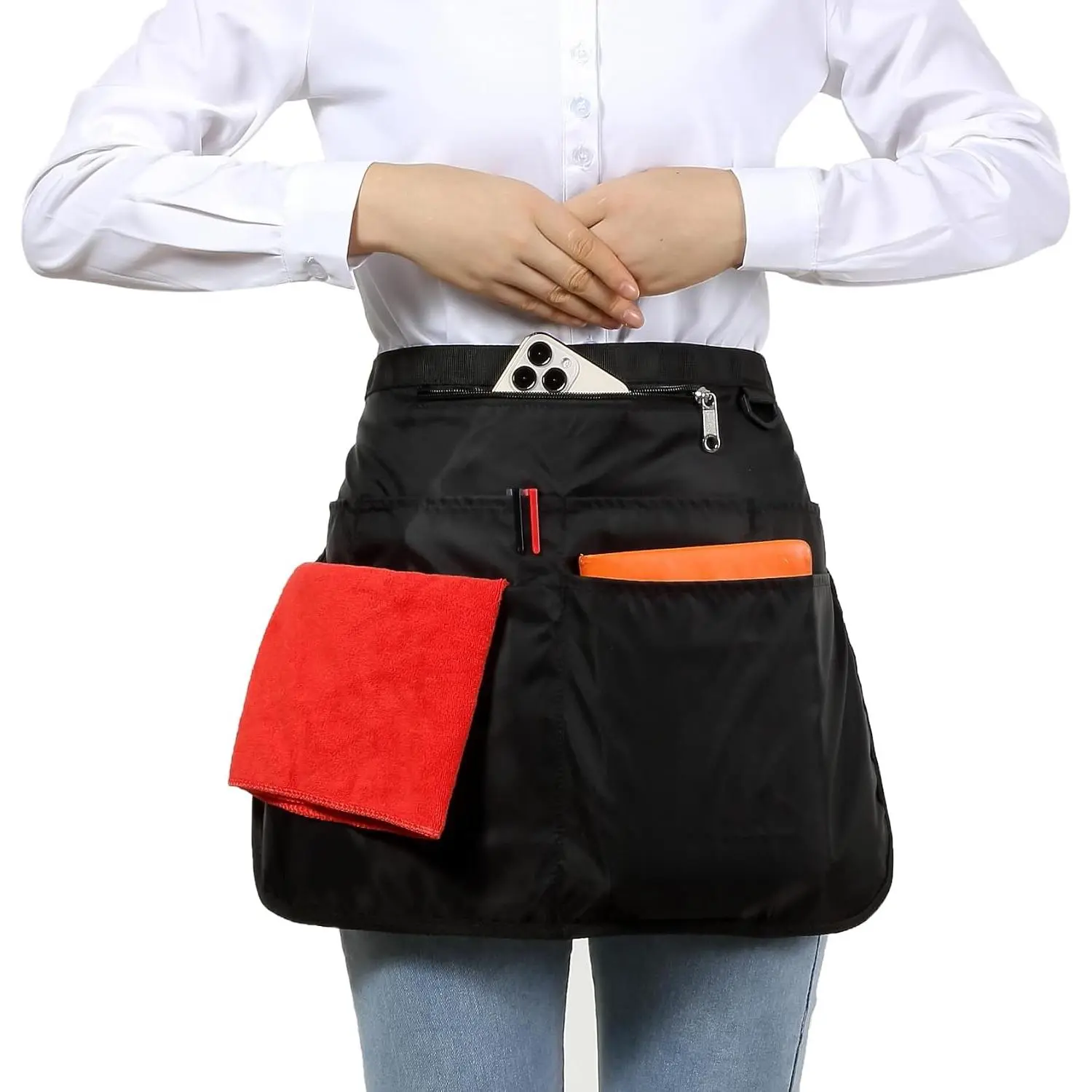 Server Apron for Women with 7 Pockets, Put  and Take off Waitress Apron,Work Apron for Bartender Barista