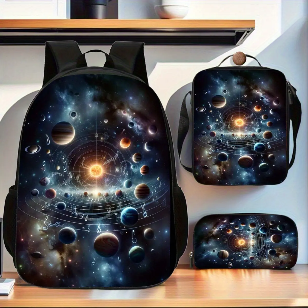 3pcs/set Solar System Backpack with Large Capacity Book Bag, Handbag & Pen Case - Lightweight, Durable Polyester, Adjustable Straps for Daily Commuting, Work & Business Travel, Commuting Backpack | Stylish Backpack | Secure Zipper Closur