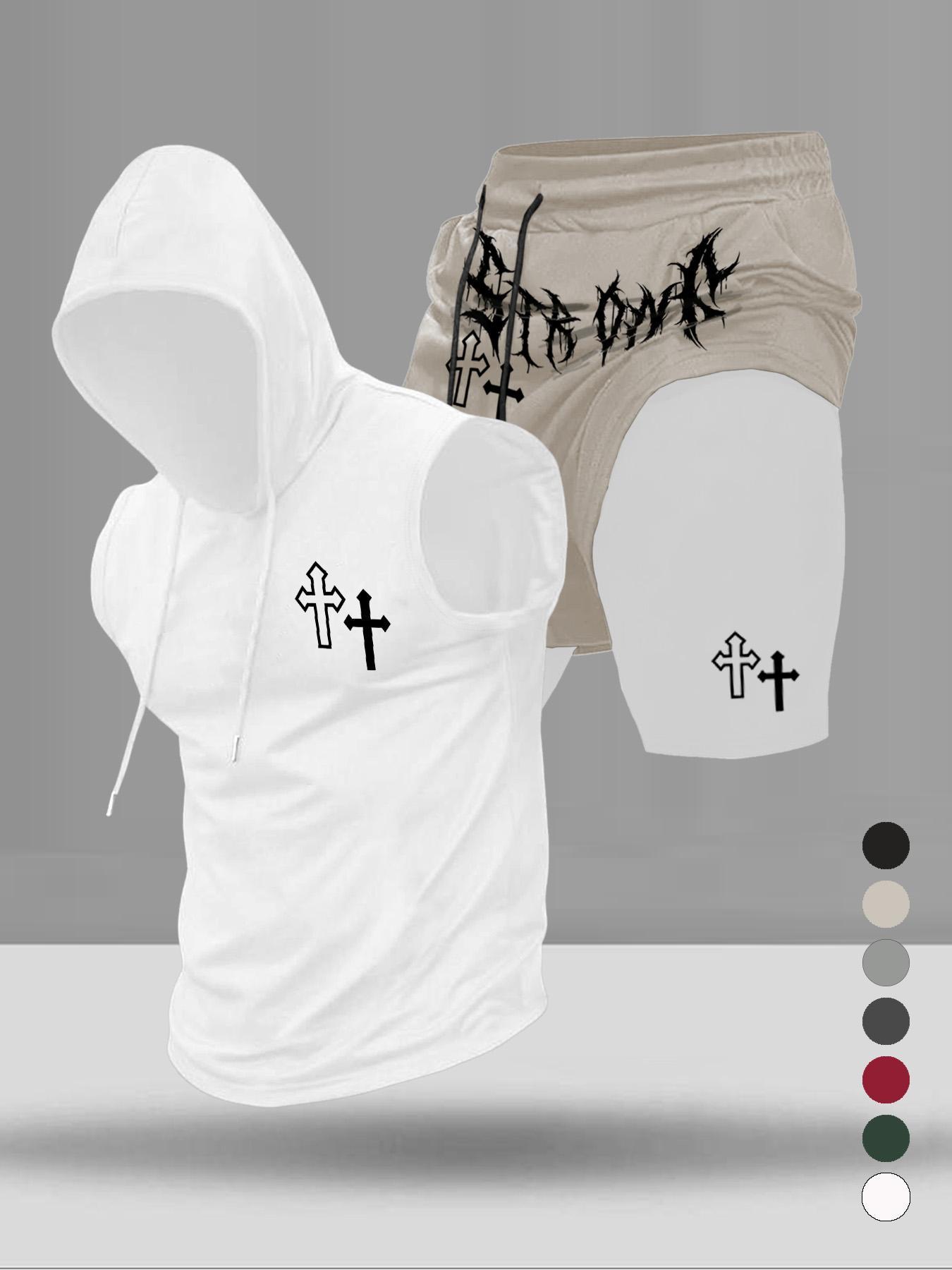 Men's Graphic Print Two-Piece Set, Stylish Hooded Sleeveless Vest and Drawstring Pocket Shorts, Summer Casual Wear for Sports and Daily Use