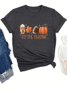 Women's Pumpkin & Letter Print Round Neck Tee, Casual Short Sleeve Crew Neck T-Shirt for Summer, Fashion Women's Top for Daily Wear