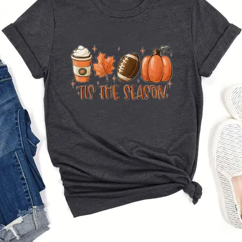 Women's Pumpkin & Letter Print Round Neck Tee, Casual Short Sleeve Crew Neck T-Shirt for Summer, Fashion Women's Top for Daily Wear