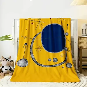 1pc Modern Abstract Geometric Blanket - Blue & Yellow Flannel Bedspread, Soft Warm All-Season Suitable for Bed, Sofa, Travel, Camping, Contemporary Bedding with Minimalist for,,, Office - Cozy Throw for Decor