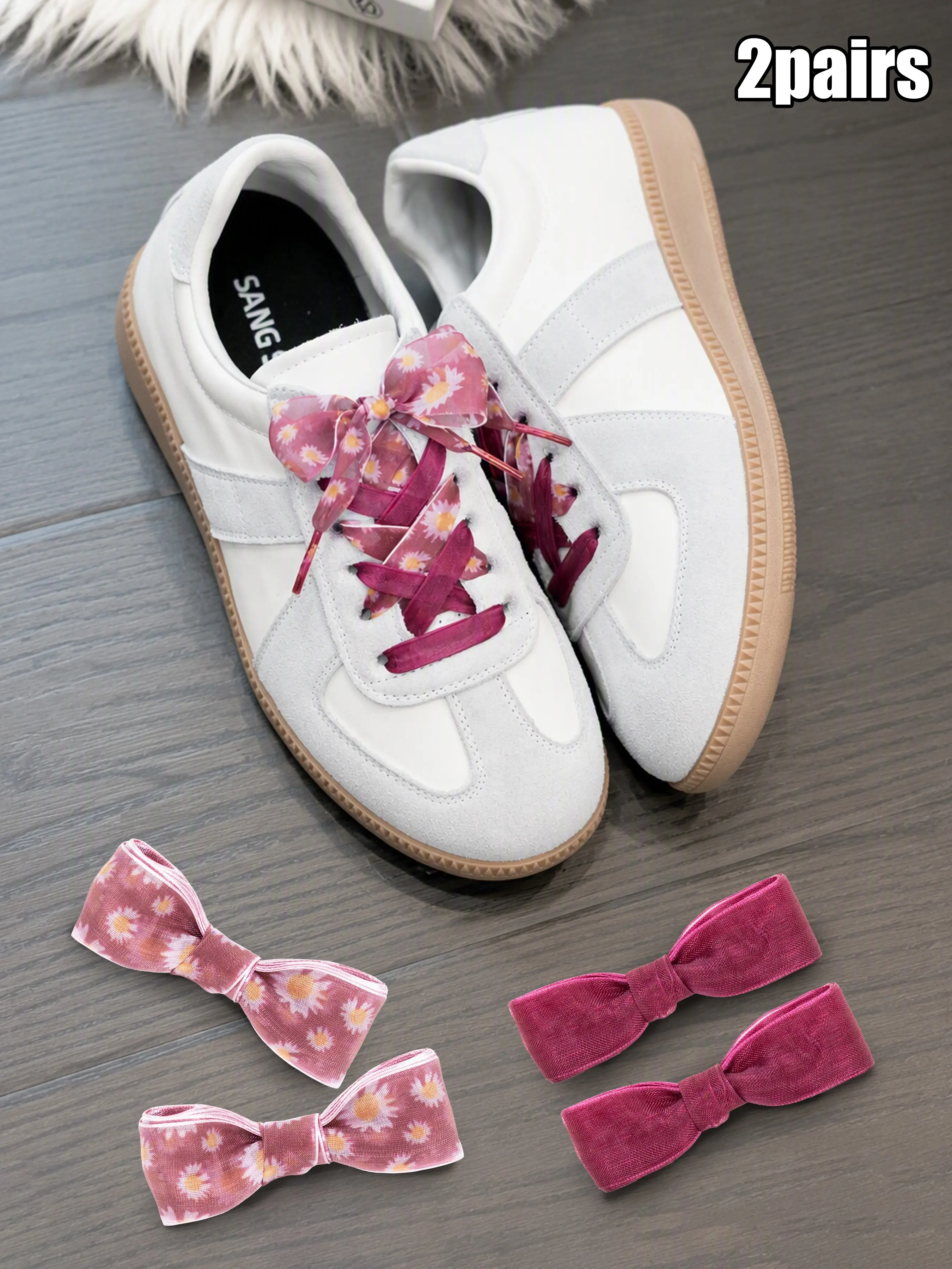 2 Pairs Daisy Print Lace Trims + Solid Color Organza Laces, Lightweight Transparent Sports Shoe Laces Set, Unisex, DIY Mix & Match
