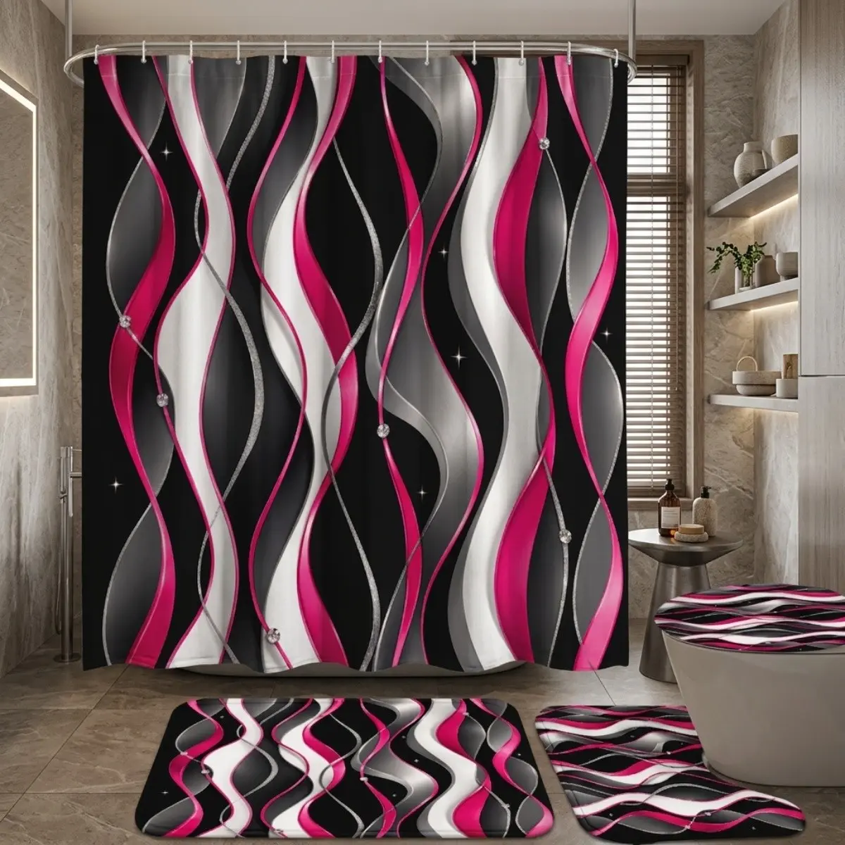 4pcs Modern Wavy Bathroom Decor Set, Abstract Curvilinear Art Shower Curtain, Matching Rugs, Geometric Toilet Seat Cover, Valentine's Day Gift, Bathroom Set with Shower Curtain