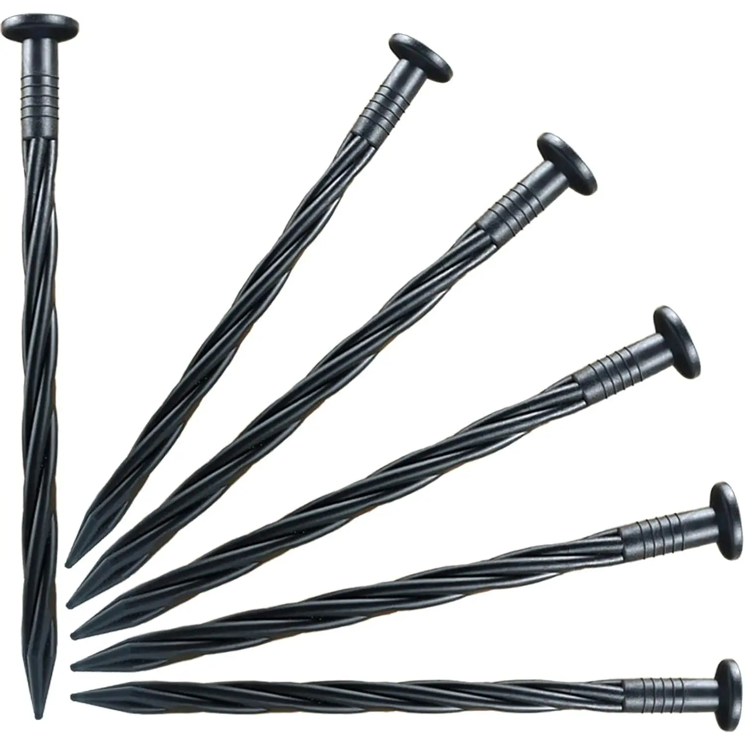 60-Pack 8 Inch Black Plastic Spiral Pointed Garden Stakes for Landscape Edging, Paver, Tent, Weed Barrier