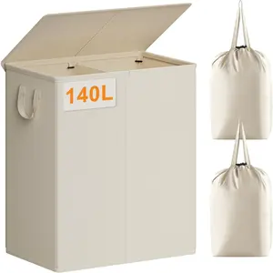 140L Laundry Hamper 2 Section, Laundry Basket with Lid, Large Dirty Clothes Hamper with Removable Liner Bags, Collapsible Laundry Organizer for Bedroom, Dorm,Beige