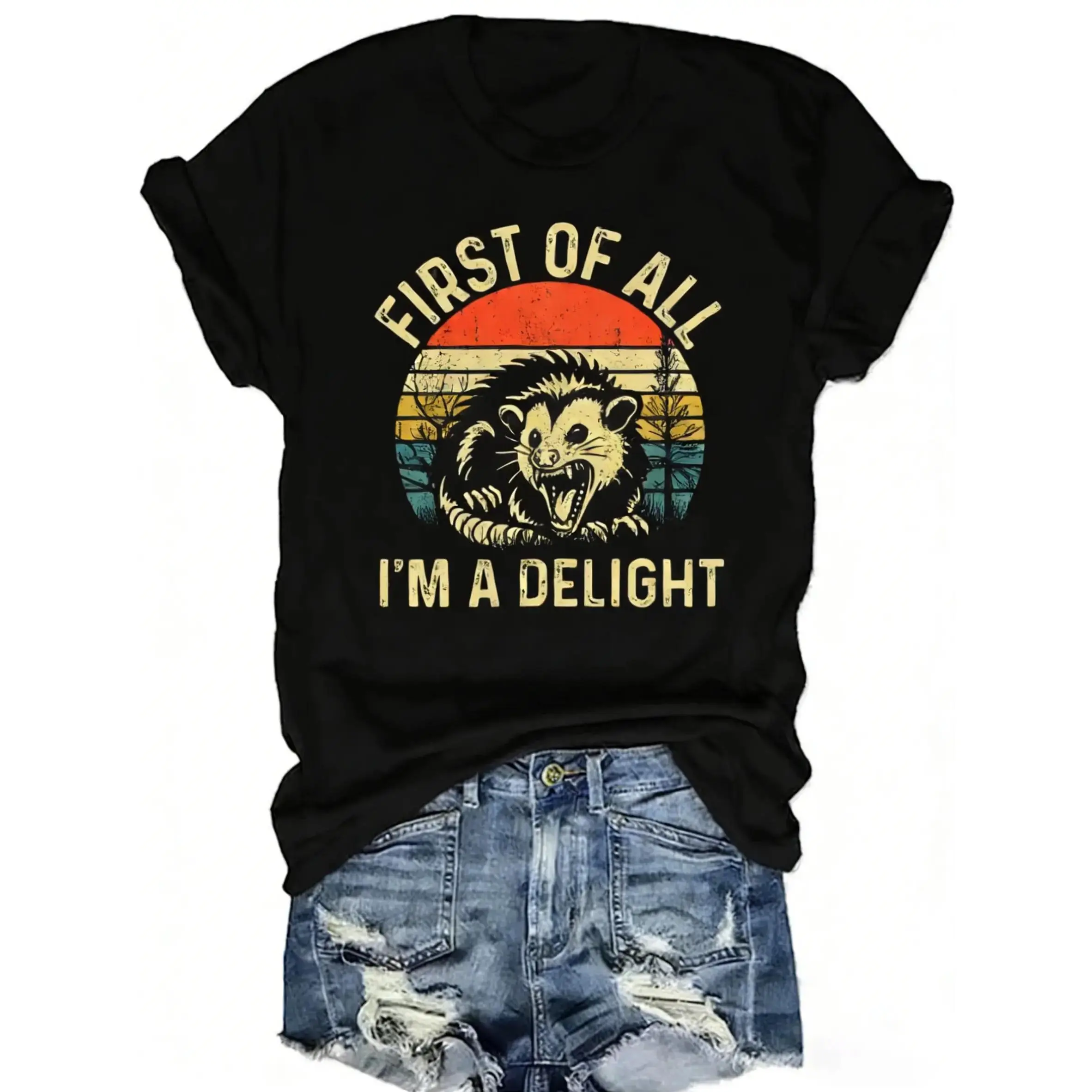 First Of All I’m A Delight Retro Opossum Oversized Casual Tshirt, viral wildlife meme tee, match with jeans and shorts, suitable for weekend outing and urban shoot, budget friendly small surprise gift., Thanksgiving, Easter, Basic, Cartoon, Fitted, Graphi