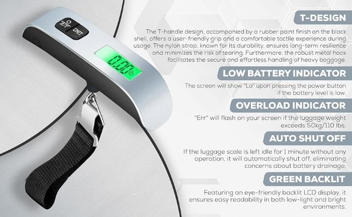 1pcs Luggage Scale, 110lb Luggage Weight Scale with 4 Unit Switching Functions&LED Display, Luggage Scale Travel Digital for Weighing Luggage, Backpacks, Packages and Markets