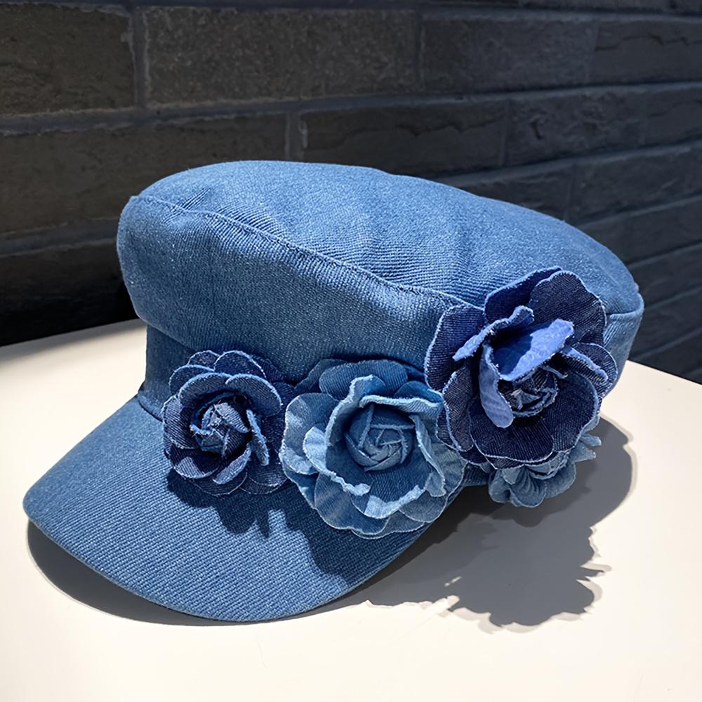 2025 Spring And Autumn Women'S Denim Rose Design Baseball Cap, Octagonal Hat, Beret - A Must-Have For Parties, Dates, Going Out, Outdoor Camping - A Perfect Gift