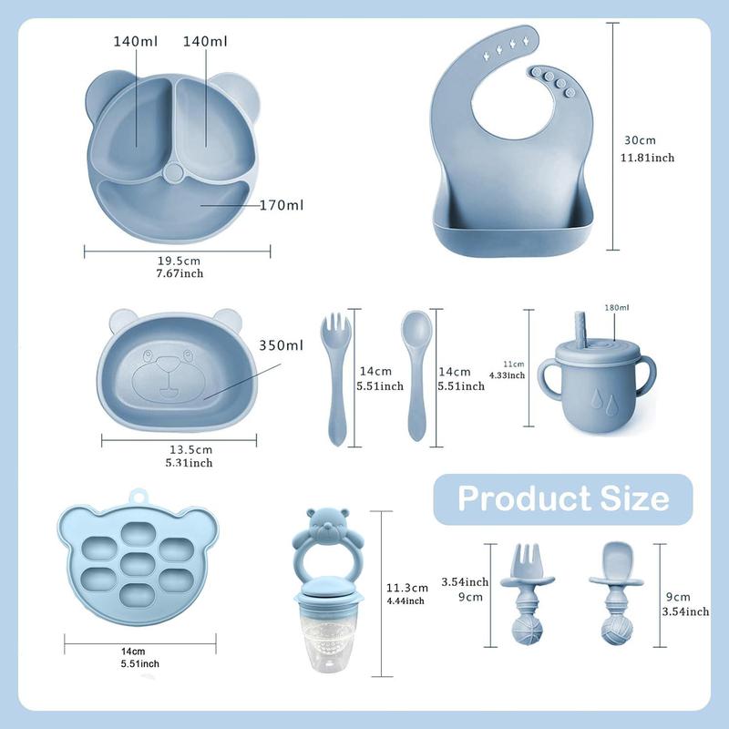 Bear Design Silicone Baby Feeding Set, 11-Piece Baby Dinnerware Set with Bowl, Spoon, Fork, Bib, Straw Cup, Snack Cup and Ice Cube Box, Cutlery Utensil Sets
