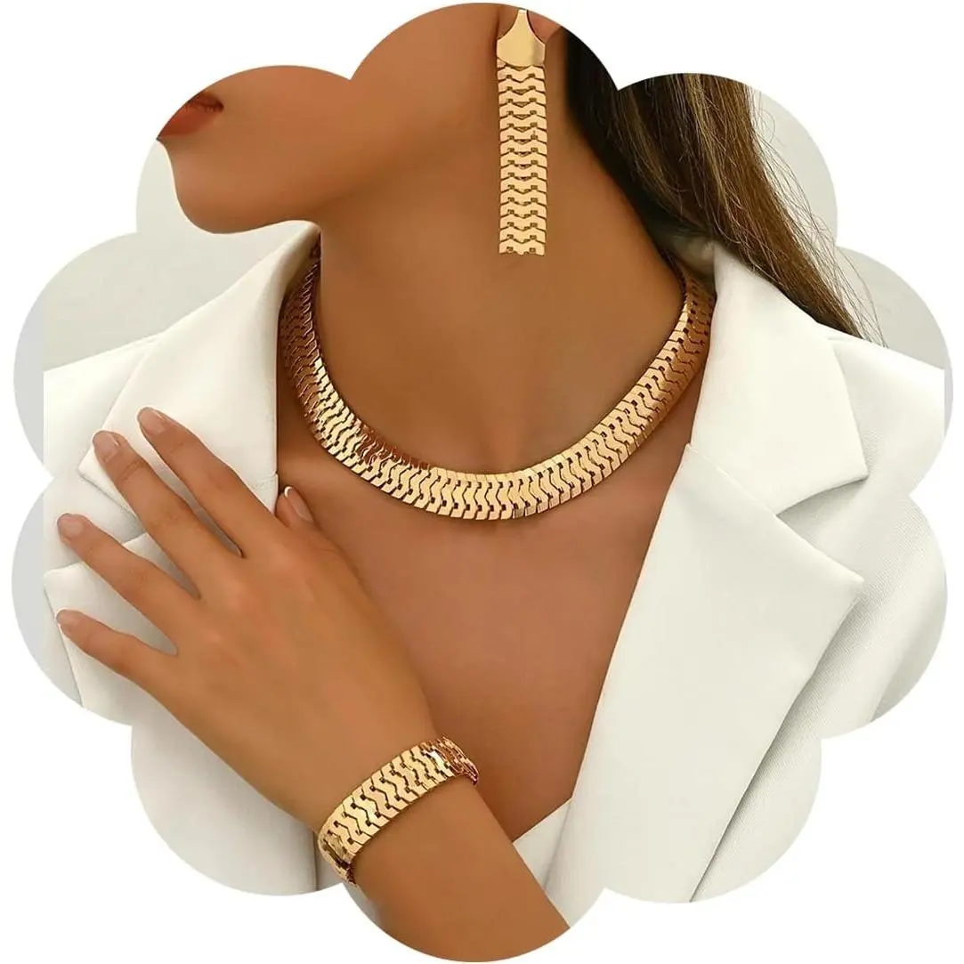 Chunky  Necklace Set for Women  Thick Boho Necklace Hoop Earrings Bracelets Ring Set Punk