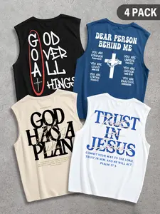 Men's Summer Casual Sleeveless Vest Set, Letter God Print, Fashionable Daily Wear, Ideal for Outdoor Activities, Must-Have Summer Item
