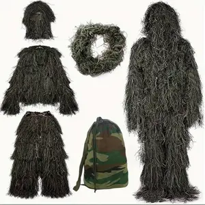 5-in-1 Camouflage Ghillie Suit Outdoor Hunting Suit Jungle Photography Bird Watching Cloth 3D Camouflage Hunting Apparel Including Jacket, Pants, Hood, Carry Bag