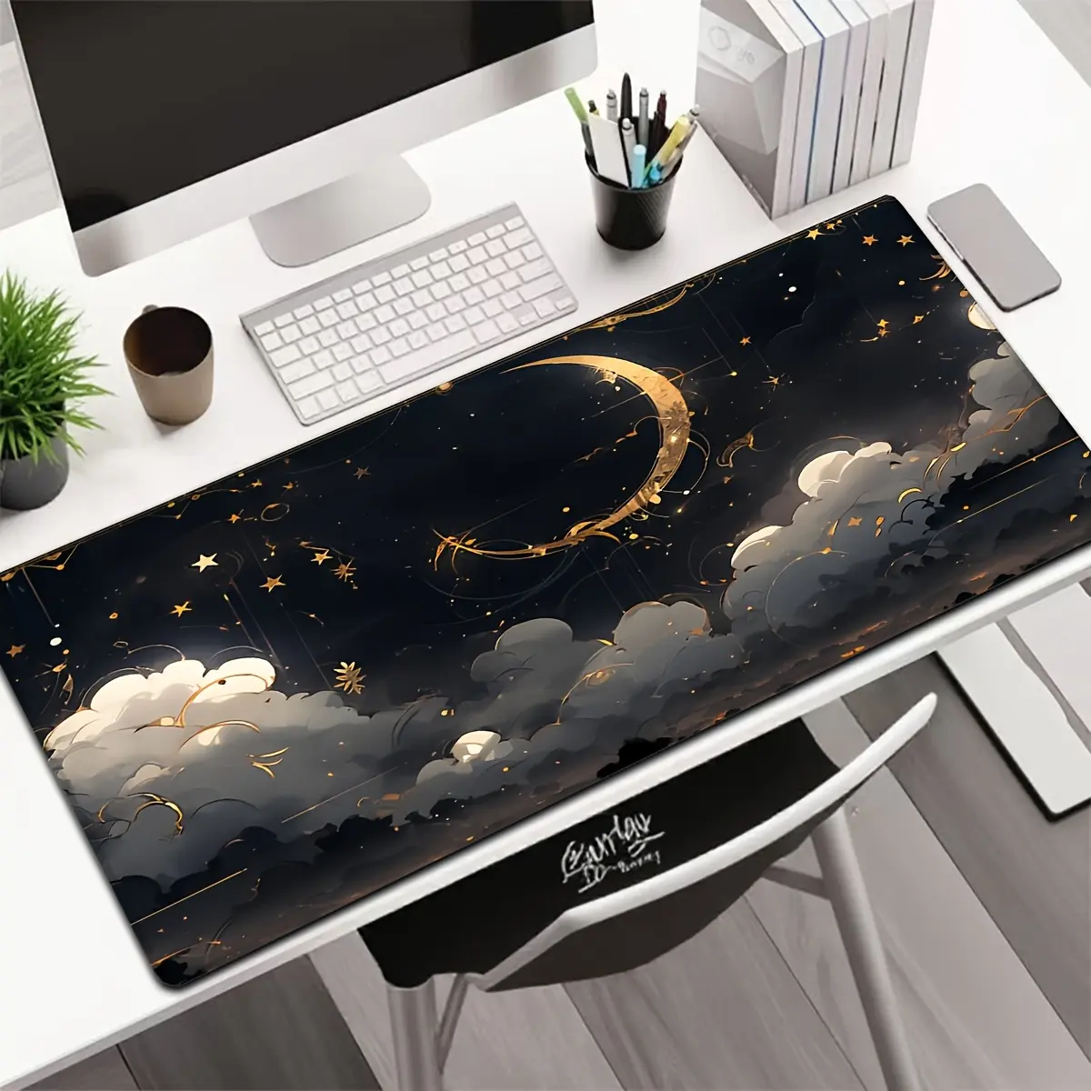 1-piece pack of Dreamy Night Sky Half-Moon Mouse Pad, suitable for computer keyboards, office desks, and writing tables, and can also be used as a universal desktop mat. It is very suitable for home use, gamers, and is an ideal gift for boyfriend or girlf