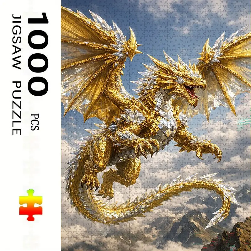 1000 Piece Gold Dragon Theme Puzzle, Large Adult Family Interactive Toy, DIY Home Decor, Holiday Scene, Mixed Colors, Perfect Gift